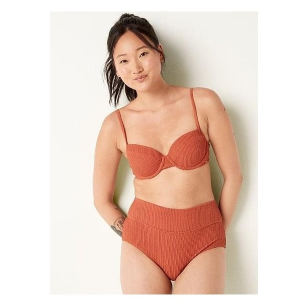 PINK Victoria's Secret Ribbed High-Waist Bikini Set in Rust